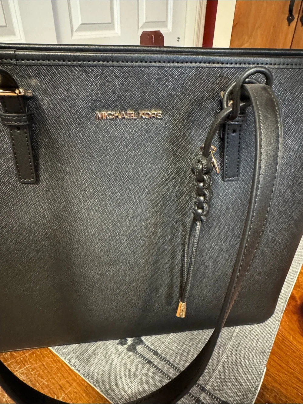 Michael Kors Black Saffiano Leather Jet Set Tote with Gold Hardware